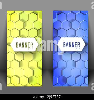 Geometrische wissenschaftliche vertikale Banner mit blauen und grünen 3D Sechsecken Im Mosaikstil isolierte Vektordarstellung Stock Vektor