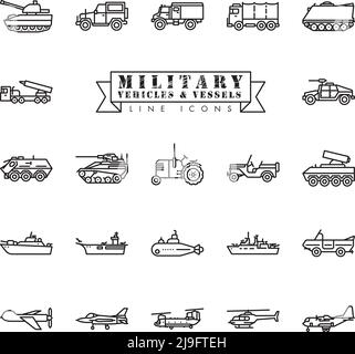 Sammlung von Militärfahrzeugen, Flugzeugen und Schiffen Linie Symbole. Satz von Verteidigungsindustrie skizzieren Symbole Stock Vektor