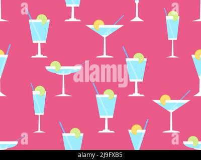 Cocktail mit Regenschirmen in nahtlosem Muster. Alkoholische Cocktails mit Sonnenschirmen und Limettenscheibe auf rotem Hintergrund. Design für Bar-Menüs, Werbung mater Stock Vektor