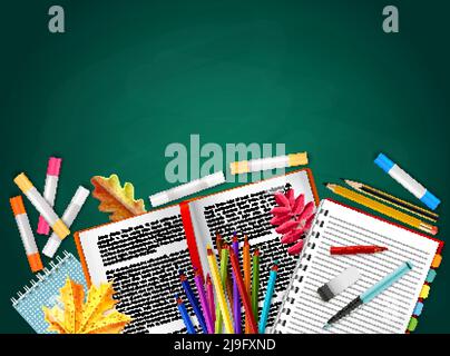 Zurück zur Schule realistischer Hintergrund mit Büchern Bleistifte Buntstifte Herbst Belässt die Abbildung des Gummivektors Stock Vektor