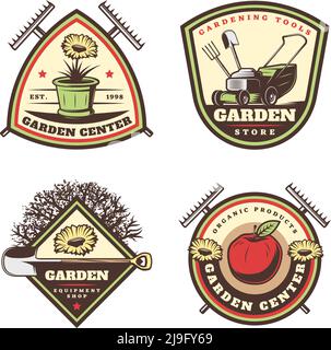 Vintage farbigen Garten Embleme Set mit Blumen Topf Rechen Lwm Mäher Schaufel Apfelbaum Pitchfork isoliert Vektor-Illustration Stock Vektor