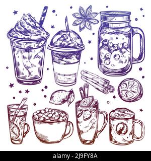 Heiße Getränke im Winter Icon-Set isoliert mit verschiedenen Arten von Cocktails Für jeden Geschmack und jede Dekoration Vektor Illustration Stock Vektor