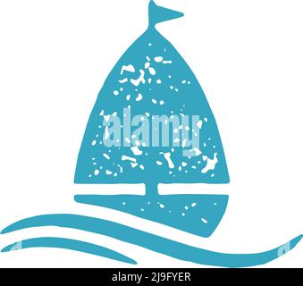 Niedliches Segelboot schwimmend umgeben von Meereswelle offene Wasseroberfläche blau Hand gezeichnet Grunge Textur Vektor Illustration. Seeschiff mit Flagge Marine Stock Vektor