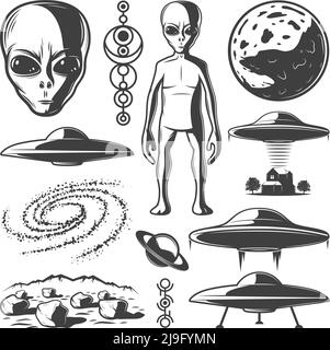 Vintage monochrome UFO-Elemente mit Außerirdischen Planeten-Oberfläche Landschaft gesetzt galaxy Alien Schiffe menschliche Entführung aus Haus isoliert Vektor illu Stock Vektor