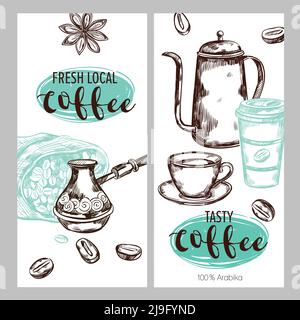 Zwei vertikale Kaffee Verpackung Bannerset mit frischen lokalen Kaffee Und leckere Kaffee Beschreibungen Vektor-Illustration Stock Vektor