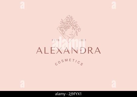 Minimalistische lineare Frau Blume Frisur Porträt Frühling Blüte organische monochrome Logo Vektor Illustration. Einfache weibliche Blütenblüte dekorative de Stock Vektor