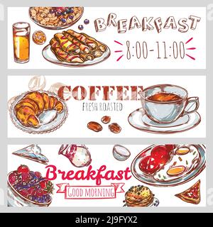 Drei horizontale Frühstück Banner Set mit Kaffee frisch geröstet und Frühstück Guten Morgen Beschreibungen Vektor Illustration Stock Vektor