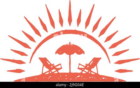 Zwei Chaiselongue und Sonnenschirm am Strand am brennenden roten Sonnenbogen mit Balken grunge Textur Vektor Illustration. Dekoratives Logo Sommer Luxus Honig Stock Vektor
