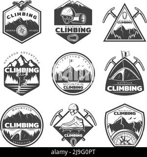 Vintage monochrome Bergkletterlabel Set mit Profi-Ausrüstung für Kletterer Werkzeuge und Natur Landschaft isoliert Vektor Illustration Stock Vektor