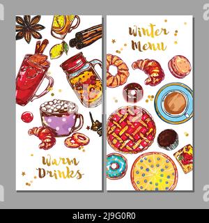 Zwei vertikale Food Drink-Menü-Banner mit warmen Getränken Und Winter-Menü Überschriften Vektor-Illustration Stock Vektor