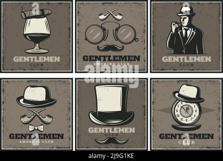 Vintage Gentleman Club Broschüren mit Mann Whiskey Zigarren Gläser rauchen Rohr Hüte Schnurrbart Uhren isoliert Vektor-Illustration Stock Vektor