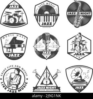 Vintage monochrome Jazz-Musik-Labels mit Inschriften Musiker und gesetzt Musikinstrumente isolierte Vektor-Illustration Stock Vektor