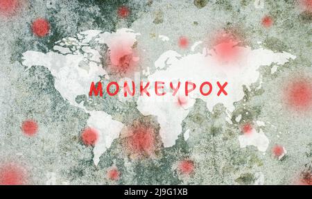 Weltkarte, Monkeypox steht auf dem strukturierten Hintergrund, Ausbruch des MPXV-Virus, Ausbreitung von Infektionskrankheiten, Pandemie Stockfoto