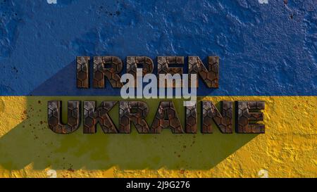 Die Inschrift in rostigen Buchstaben IRPEN Ukraine auf der ukrainischen Flagge. Russische Aggression 3D renering Stockfoto