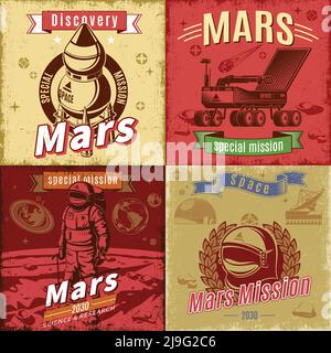 Vintage farbigen Raum Forschungskarten mit Inschriften Raumschiff Rover gesetzt Helm und Kosmonauten auf Mars Planeten Landschaft Vektor Illustration Stock Vektor