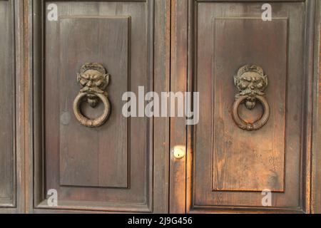 Bologna, Italien. Altmodische Türklopfer mit einer geschnitzten mythologischen Figur. Stockfoto