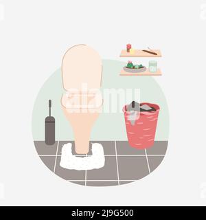Badezimmer, WC oder WC Innenraum mit Sanitärtoilette Keramik-Schüssel, Wäschekorb Stock Vektor
