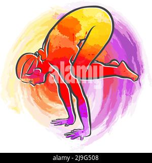 Farbenfrohe Badasana Yoga-Pose. Handgezeichnete Vektorgrafik. Zentriertes Layout für Web- und Druckzwecke. Stock Vektor