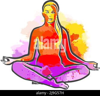 Bunte Siddhasana Perfekte Yoga-Pose. Handgezeichnete Vektorgrafik. Zentriertes Layout für Web- und Druckzwecke. Stock Vektor