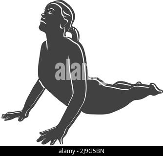 Schwarze Bhujangasana Cobra Yoga Pose Outline-Ikone. Vektorgrafik von Hand. Weiße Linien isoliert auf schwarzer Form. Stock Vektor