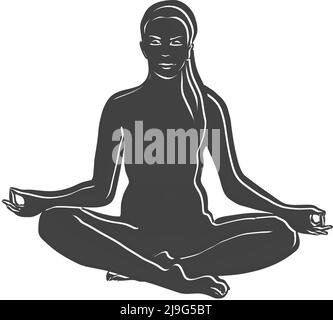 Black Siddhasana Perfekte Yoga Pose Outline-Ikone. Vektorgrafik von Hand. Weiße Linien isoliert auf schwarzer Form. Stock Vektor