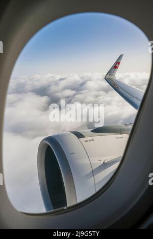 Fensteransicht des rechten Flügels und des Motors eines Schweizer Airbus A320-200 neo, der über den Wolken fliegt Stockfoto