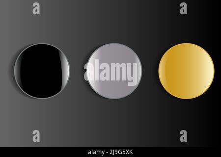 Drei runde konvexe glänzende Objekte. Gold, Silber und glänzendes Schwarz. Auf grauem Hintergrund. Stock Vektor