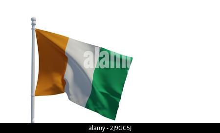 Nationalflagge der Republik Cote d'Ivoire / Elfenbeinküste, winkend im Wind. 3D Rendering, CGI-Illustration Stockfoto