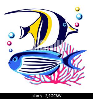 Hintergrund mit tropischen Fischen. Meerwasseraquarium und Meerestiere. Stilisiertes Bild in hellen Farben. Stock Vektor