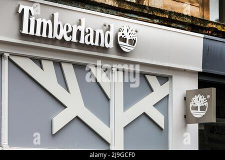 Timberland Copyright-Schild über dem Eingang eines Modehaus Stockfoto