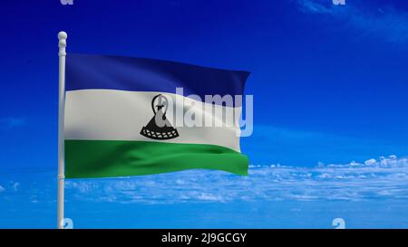 Nationalflagge des Königreichs Lesotho, winkend im Wind. 3D Rendering, CGI-Illustration Stockfoto