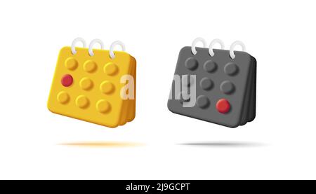 3D Darstellung des Kalendersymbols in gelben und roten Farben mit Seiten und rotem Datum Stock Vektor