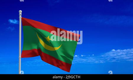 Flagge der Islamischen Republik Mauretanien, winkend im Wind. 3D Rendering, CGI-Illustration Stockfoto