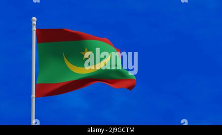 Flagge der Islamischen Republik Mauretanien, winkend im Wind. 3D Rendering, CGI-Illustration Stockfoto
