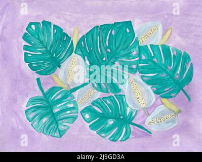 Handgezeichnete Monstera-Pflanze, in Aquarelltechnik geschaffen Stockfoto