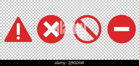 Eine Reihe von Symbolen für rote Warnungen und Gefahren. Ausrufezeichen, Kreuzzeichen, Stoppzeichen. Bearbeitbarer Vektor. Stock Vektor