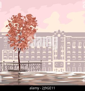 Malerische Landschaft der Altstadt. Herbstbaum und schönes Gebäude. City Street. Vektorgrafik für den Hintergrund. Handgezeichneter Retro-Stil Stock Vektor