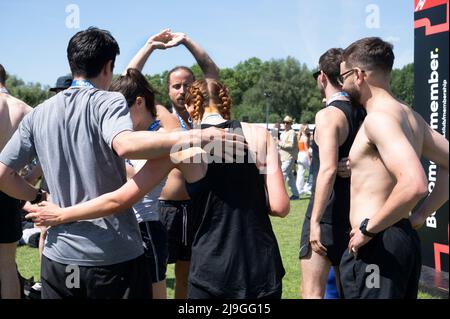 Hackney, London. Halbmarathon; Ziel ist Hackney Marshes. Stockfoto