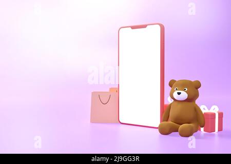 Smartphone mit Einkaufstaschen, Teddybären und Geschenkboxen. 3D Rendern Stockfoto