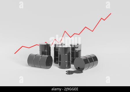 3D Illustration von schwarzen Barrel Rohöl und steigender Preisgraph vor grauem Hintergrund Stockfoto