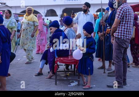 Anandpur Sahib, Indien - 2022. März: Portrait des männlichen sikh (Nihang Sardar) während der Feier von Hola Mohalla in Anandpur Sahib auf holi-Festival. Stockfoto