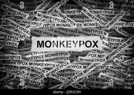 Die Streifen der Zeitung mit dem Wort monkeypox, das auf ihnen getippt wurde. Monkeypox ist eine Infektionskrankheit, die durch das Monkeypox-Virus verursacht wird. Schwarz und Weiß. Nahaufnahme Stockfoto