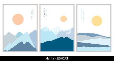 Satz von Vektor-Illustrationen Poster blaue Berglandschaften bei Sonnenuntergang. Stock Vektor