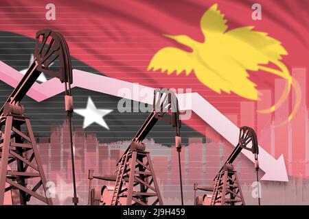 Konzept der Papua-Neuguinea-Ölindustrie, industrielle Illustration - tiefere Grafik im Hintergrund der Papua-Neuguinea-Flagge. 3D Abbildung Stockfoto