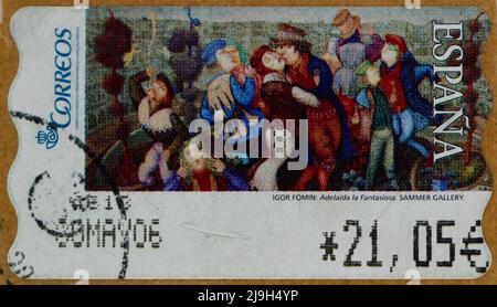 Foto einer maschinell gedruckten Geldautomat Spanische Briefmarke mit einer Illustration aus der Sammer Gallery Adelaide the Fantastist von Igor Fomin 2005 Stockfoto