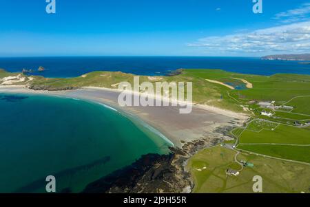 Luftaufnahme des Strandes an der Balnakeil Bay in Durness an der North Coast 500 Route, Sutherland, Scottish Highlands, Schottland Stockfoto
