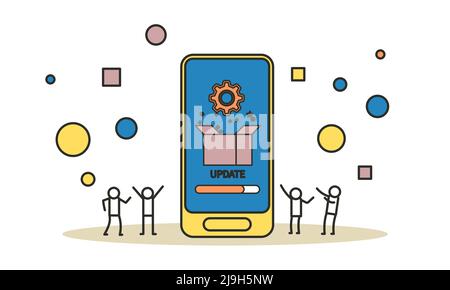 App-Installation und -Update von Mann und Frau per Telefon. Personen und mobile Anwendung Konzept Vektor Illustration Stock Vektor