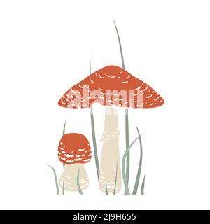 Zwei Fliegen Agaric im Gras, Wald giftigen Pilz. Cartoon-Vektorgrafik Stock Vektor