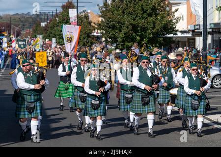 Farbenfrohe Straßenparade zur Feier der Eröffnung des Glen Innes Celtic Festival, NSW Australien Stockfoto