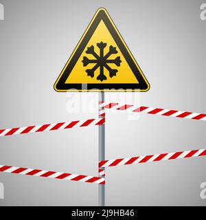 Vorsichtig kalt. Warnschild Sicherheit. Säule mit Schild und Warnbänder. Vektorgrafik Stock Vektor